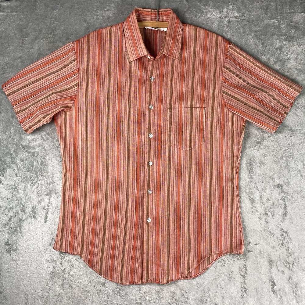 Vintage Sears Kings Road Shirt Mens Size L 70s Striped Perma Prest Short Sleeve